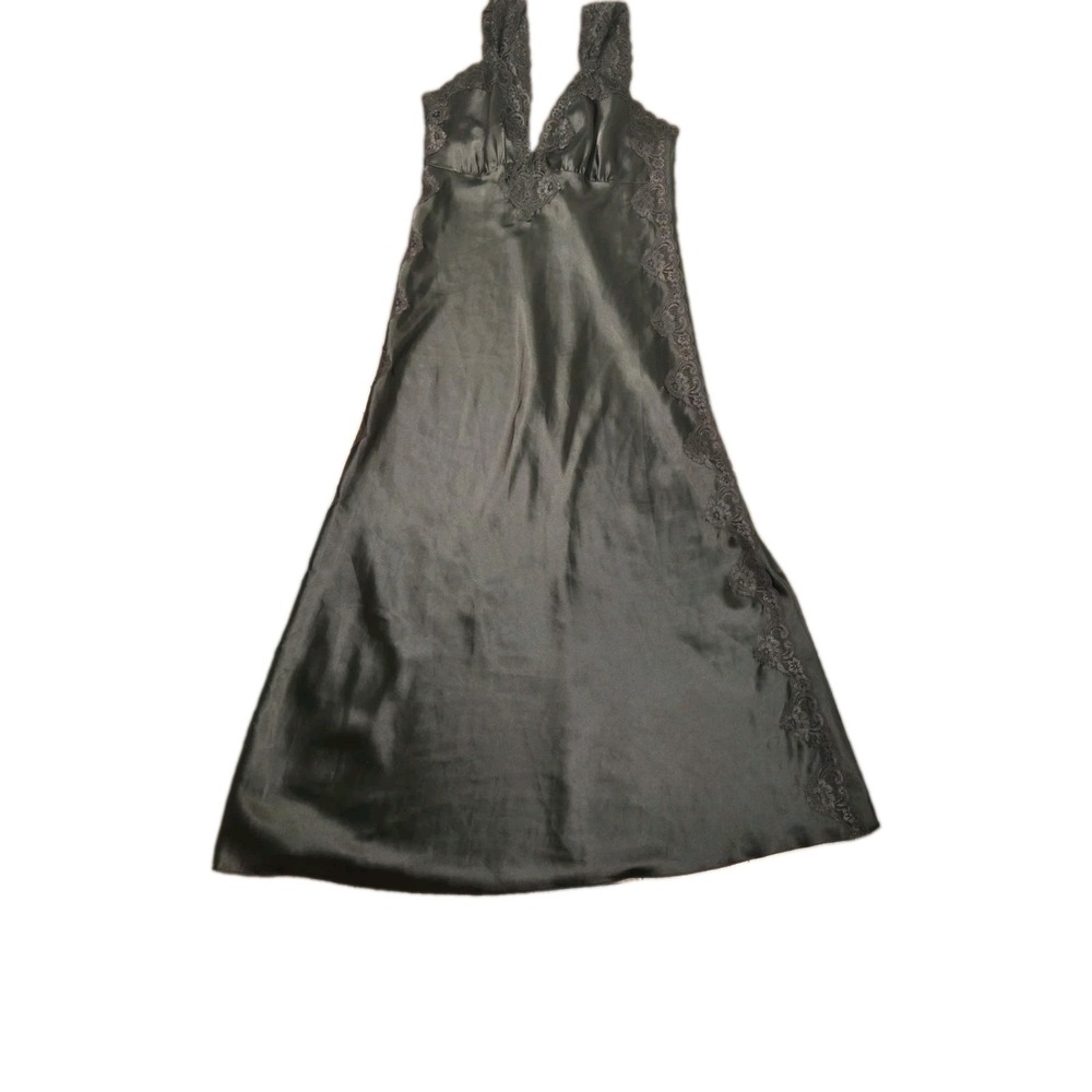 Vtg Intime Of California Black Satin And Lace Long Sleeveless Nightgown 36 Bust